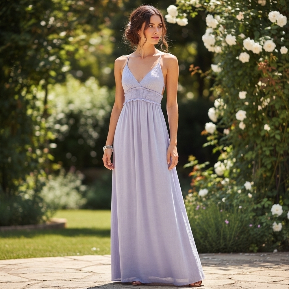 Promesa Boho-Chic Dusty Blue Smocked Low Back Maxi Dress